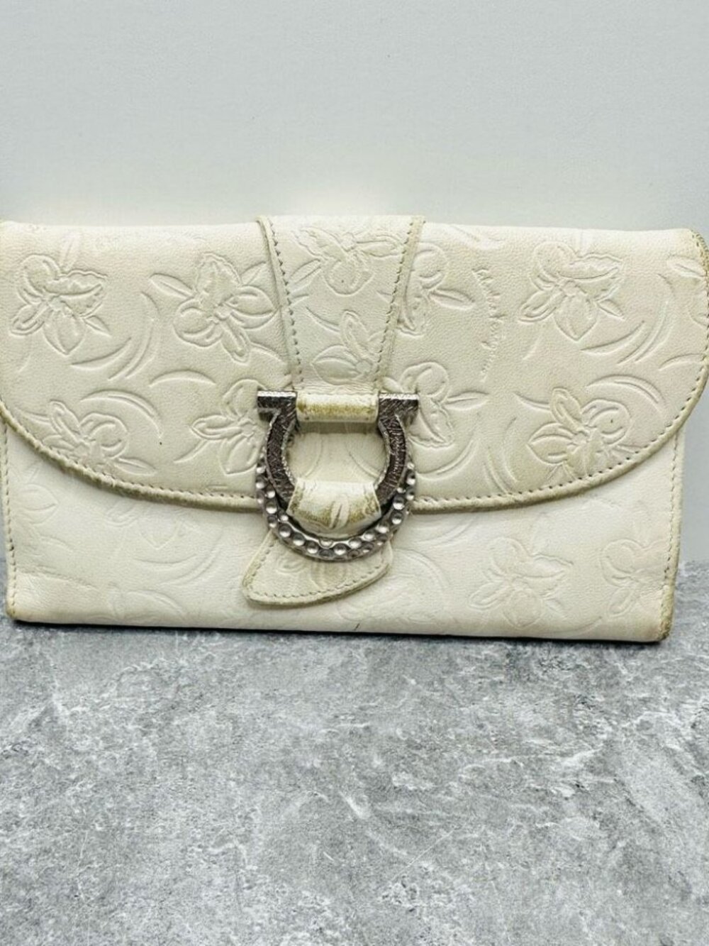 Salvatore Ferragamo Vintage Floral Embossed Leather White Silver Logo Hardware L